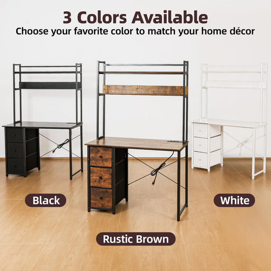 Aquzee Computer Desk with Drawers, 47 inch Desk Hutch, Gaming Desk with Storage Shelves, Power Outlets & Bookshelves, Study Writing Desks for Bedroom Living Room Home Office, Rustic Brown