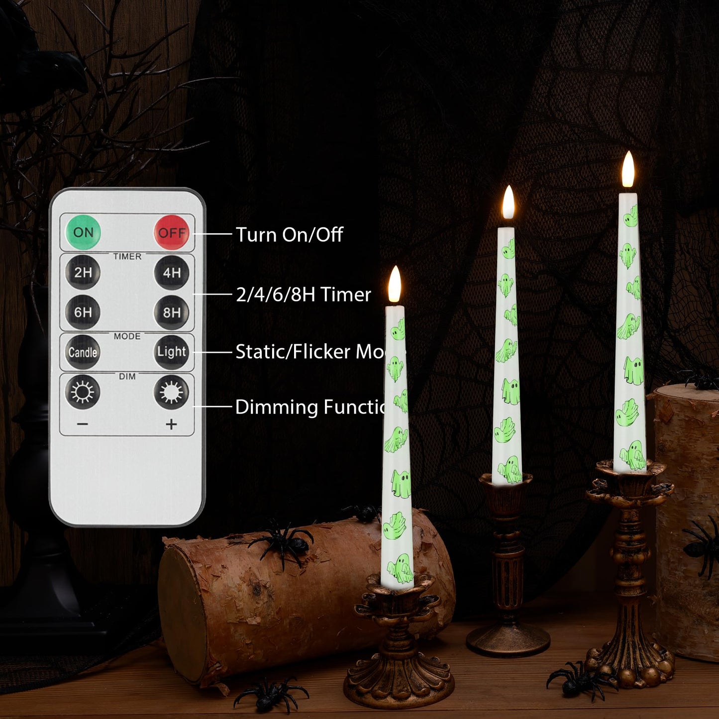 AFINETH Halloween Flameless Taper Candles with Ghosts Glow in The Dark, Real Wax Battery Operated Candles with Remote, 3 Pack Flickering Halloween Led Candlesticks for Party Home Decor