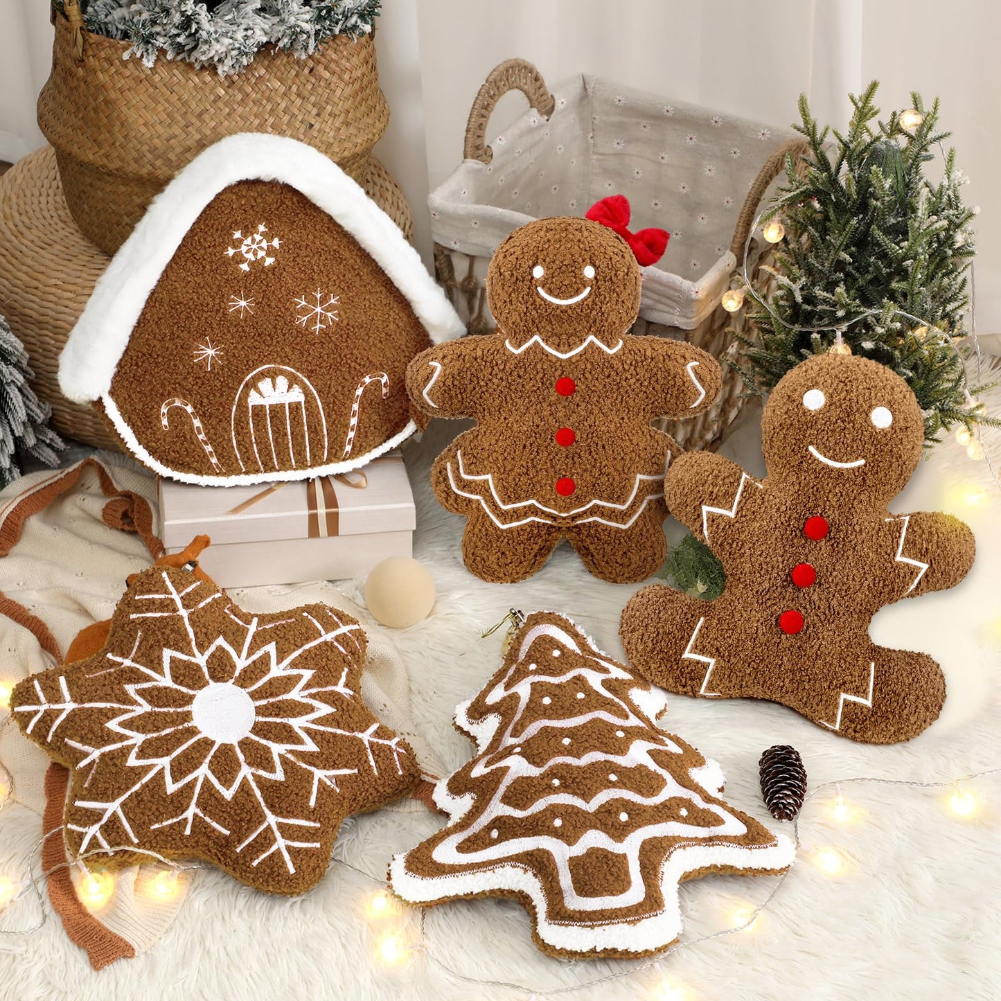 Geelin 5 Pcs Gingerbread Christmas Decorations Christmas Throw Pillows Stuffed Plush Gingerbread Man House Xmas Tree Snowflake Lumbar Pillows Cushion for Winter Holiday Bed Sofa Couch Outdoor Party