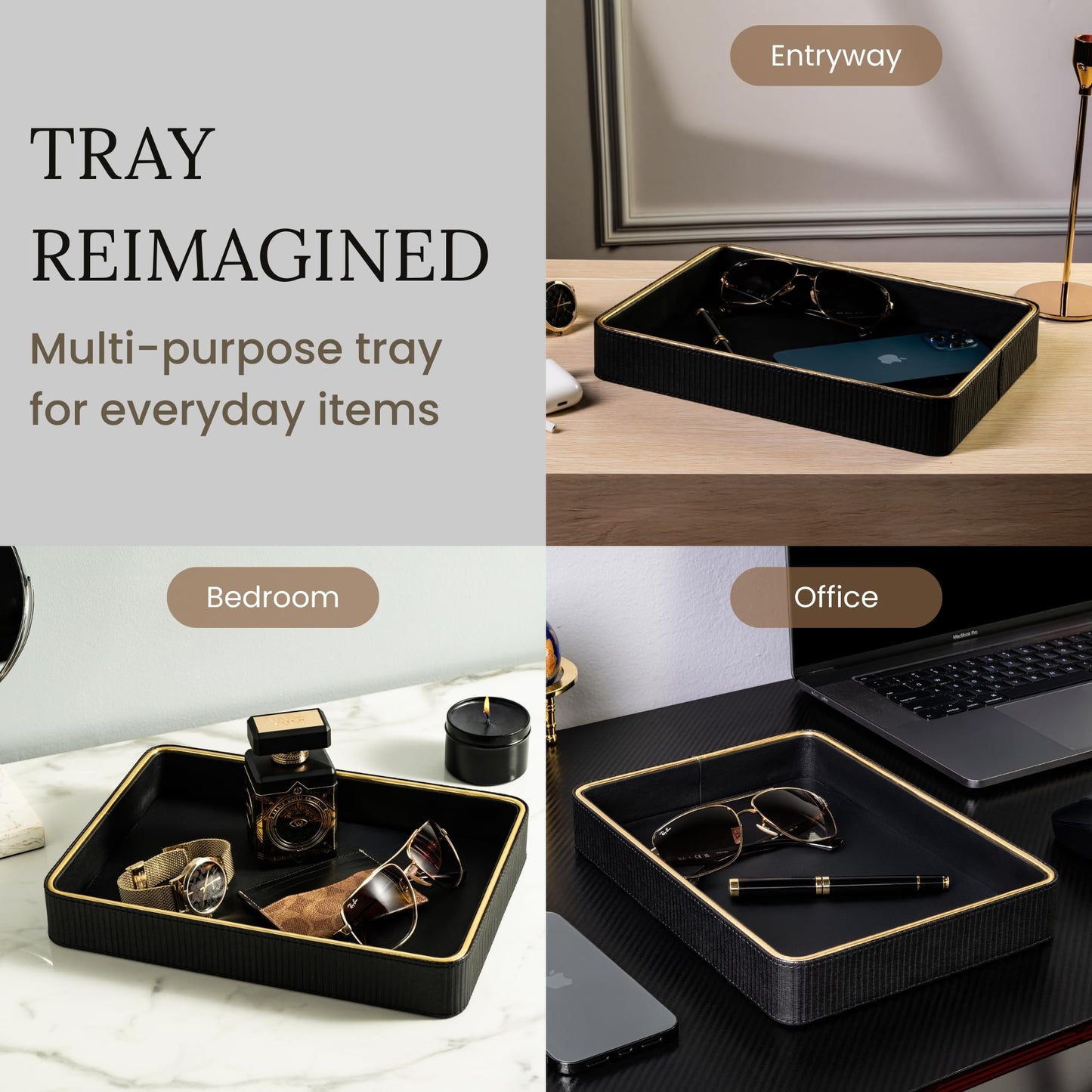 Leather Catchall Valet Tray for Men| Mens Valet Catch All Trays| Bedside Organizer for Nightstand| Cologne Tray for Men| Desk Trays Leather Tray Organizer (Black)