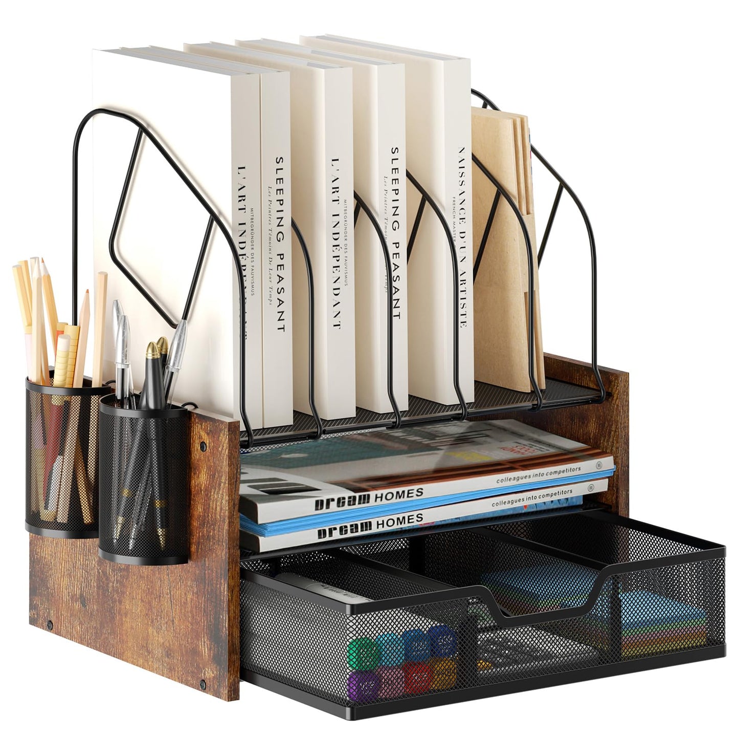 Boershun Wood Desk Organizer - 2-Tier Desktop File Organizer with Drawer with Vertical File Holder, Wooden Paper Tray, Office Desk Organzier and Accessories for Papers, Mail, Notebooks, Stationery