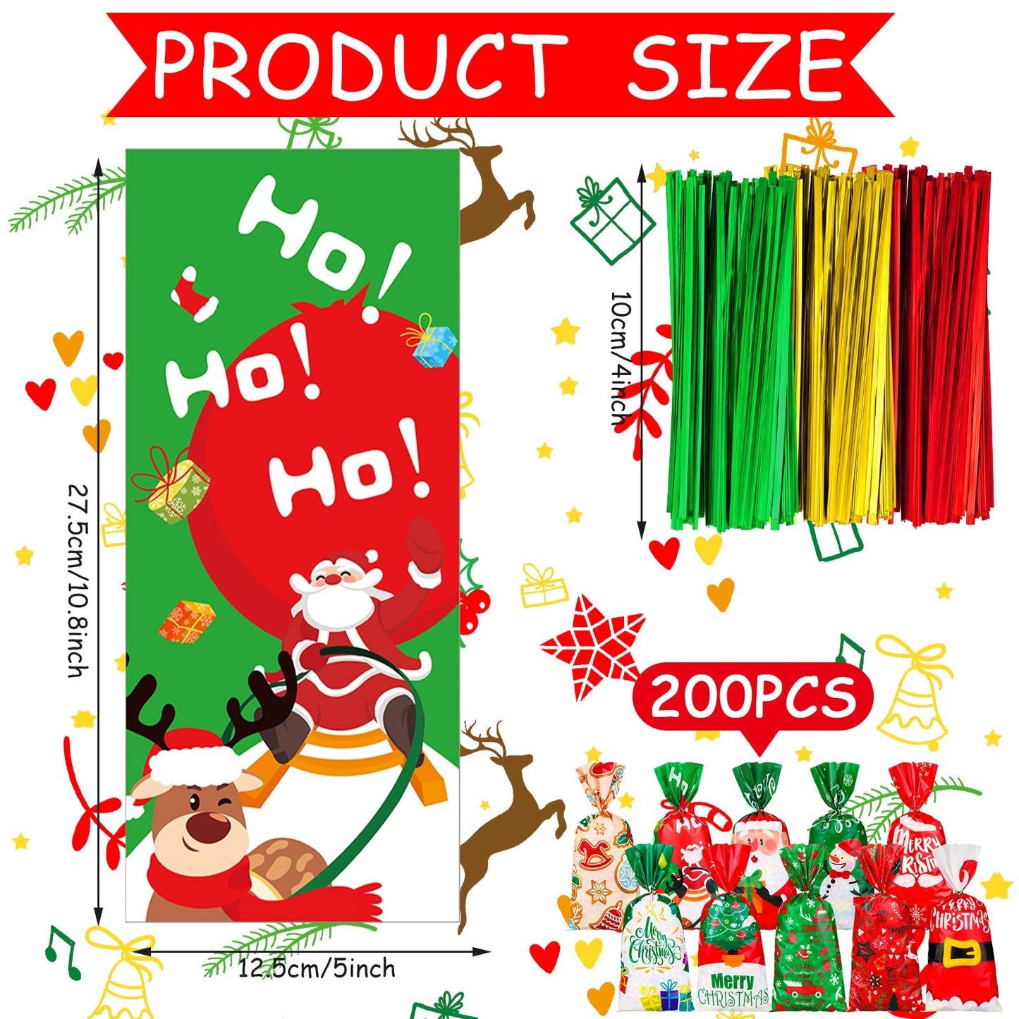 Spiareal 200 Pcs Christmas Cellophane Candy Goodie Bags Bulk Xmas Gift Treat Cookie Popcorn Bags Plastic Santa Claus Christmas Hat Snowman With 300 Ties Christmas Party Favor Supplies
