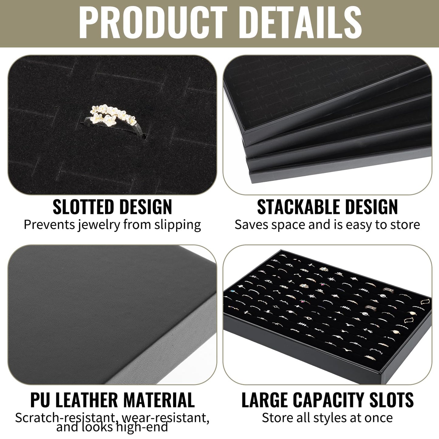 FUPMILPHRANX 4 Pack Velvet Ring Display Tray 100 Slots Stackable Jewelry Organizer Tray Ring Holder Showcase for Rings Earrings Jewelry Storage for Drawer Dresser Store Display