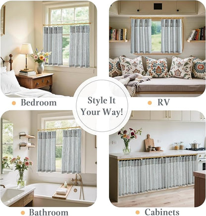 jinchan Striped Linen Kitchen Curtains with Attached Valance 36 Inch Length Cafe Tier Curtains for Living Room Rustic Half Window Light Filtering Rod Pocket Small Drapes 2 Panels Blue