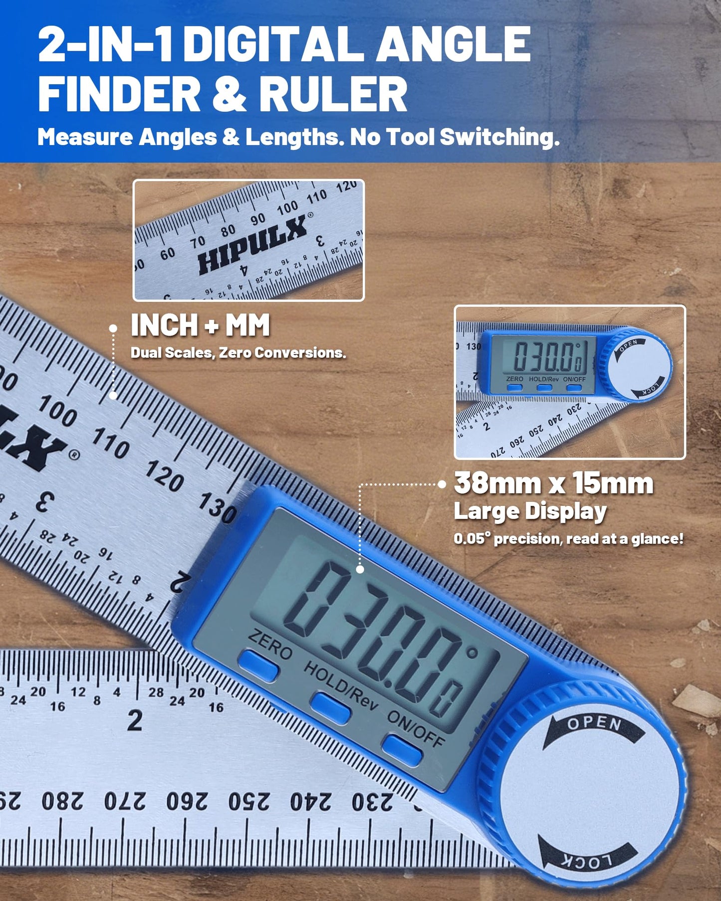 HIPULX Digital Angle Finder Ruler, 7 Inch 2-in-1 Stainless Steel Angle Finder Tool, 360° Digital Protractor with LCD Display for Woodworking, Construction, Reverse Angle Measurement
