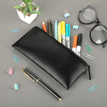 MROCO Pencil Case Black Pencil Bag PU Leather Pen Case Small Zipper Pouch for Pencils, Pens, Markers, Makeups, Change, Coins