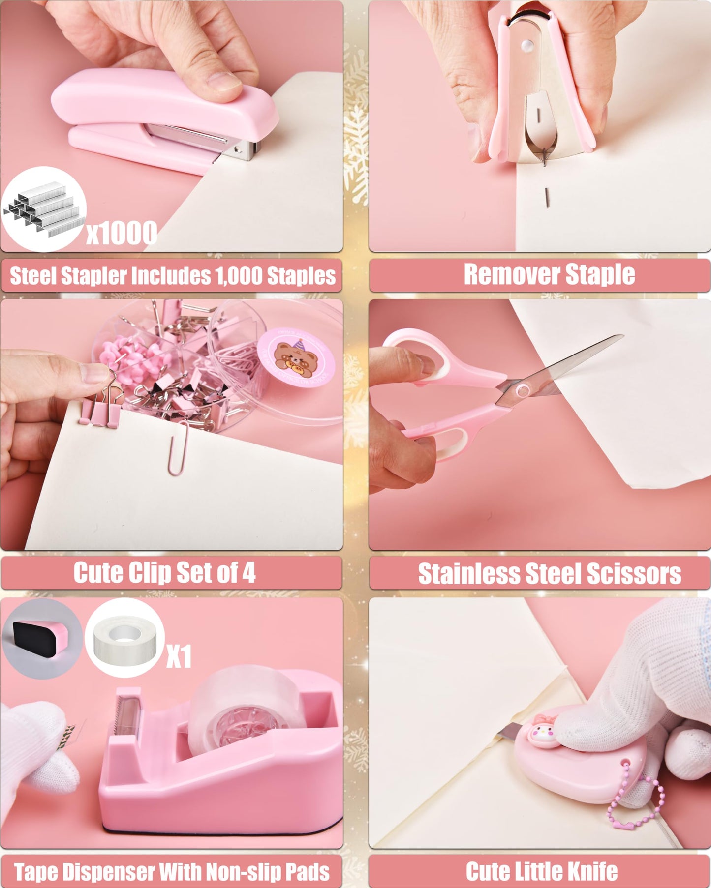 Pink Desk Accessories, 24Pcs Pink Office Supplies and Desk Organizers, with Tape Dispenser, Stapler, Staple Remover, Ect, Gift Box Packaging