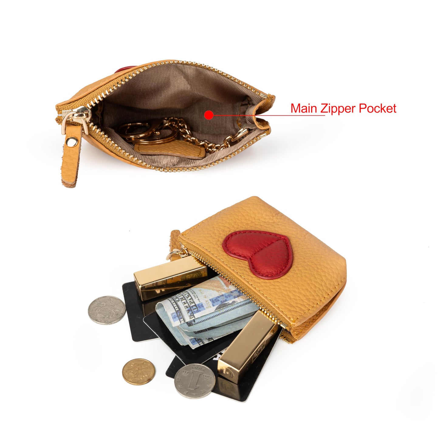 Doris&Jacky Cowhide Leather Coin Purse, Mini Zipper Card Holder With Cute Red Heart Design and Key Chain (Yellow)