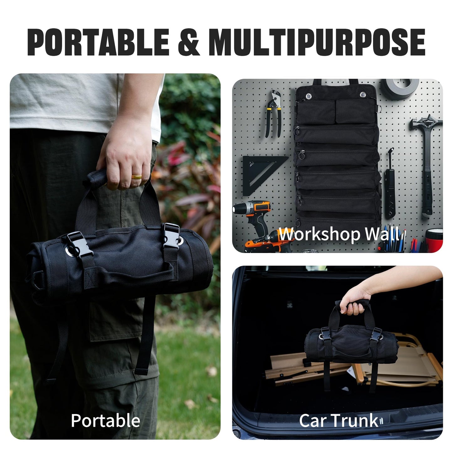 AASTT Portable Foldable Roll Up Tool Bag, Heavy Duty Tool Organizer Bag with 5 Compartments & 2 Detachable Pouches for Tools Storage, Waterproof Tool Roll Bag for Dad Men Electrician Mechanic Gifts