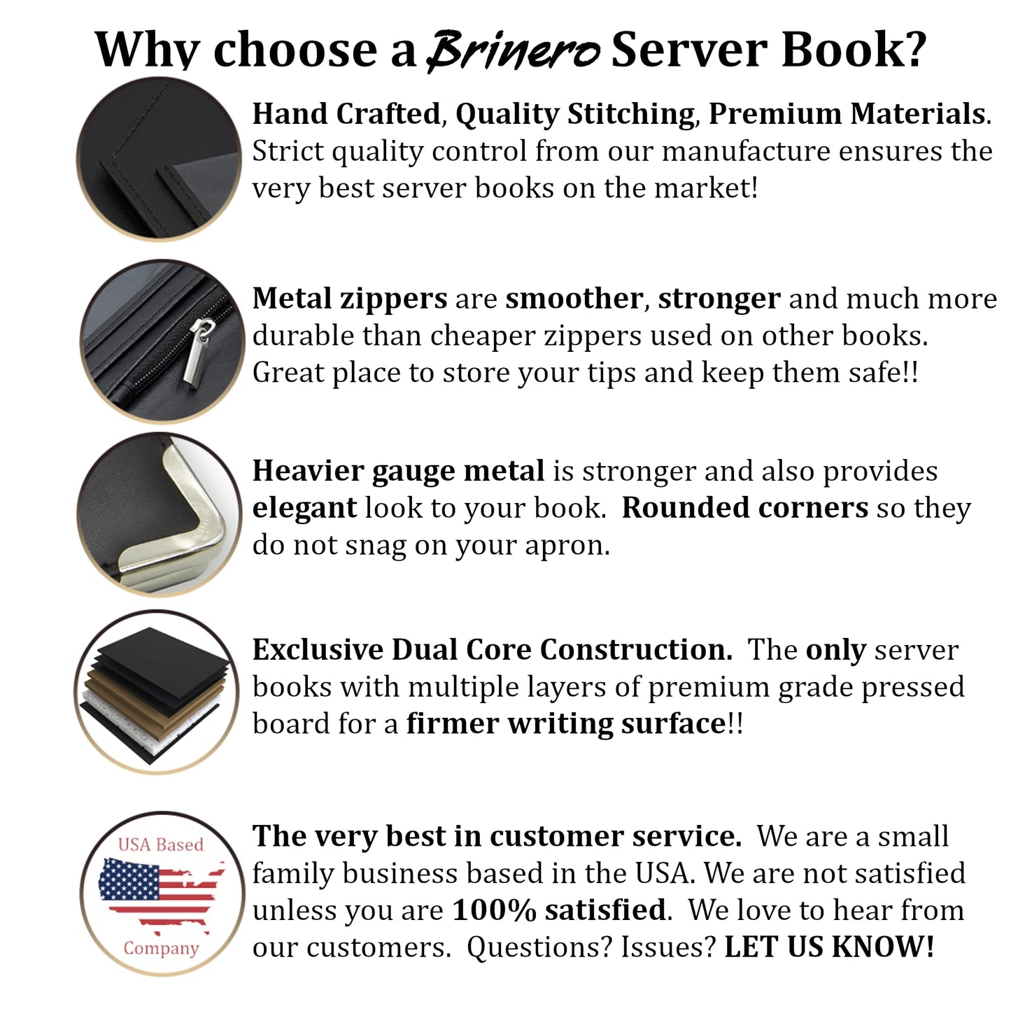 Brinero Premium Server Book, Newly Improved Bulk Pockets Stronger Magnets, 2 Pen Holders, Zipper Pocket, Firm Writing Surface
