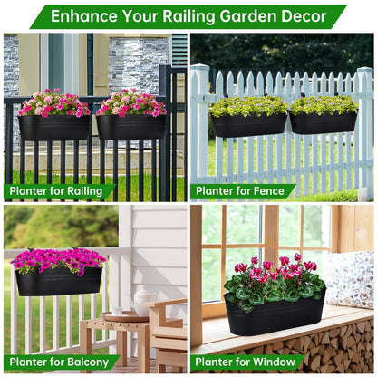 OGIMA Railing Planter Box, 3 Pack 16" Large Hanging Planters for Outdoor Plants with Adjustable Wide Hooks for 2.7'' Railings, Balcony Planters Railing Hanging for Deck, Fence & Patio Decor