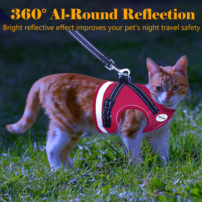 Cat Harness and Leash for Walking, Kitten Escape Proof Harnesses, Adjustable Reflective Puppy Harness with Leashes Set, Easy Adjustable Soft net Breathable Pet Safety Vest
