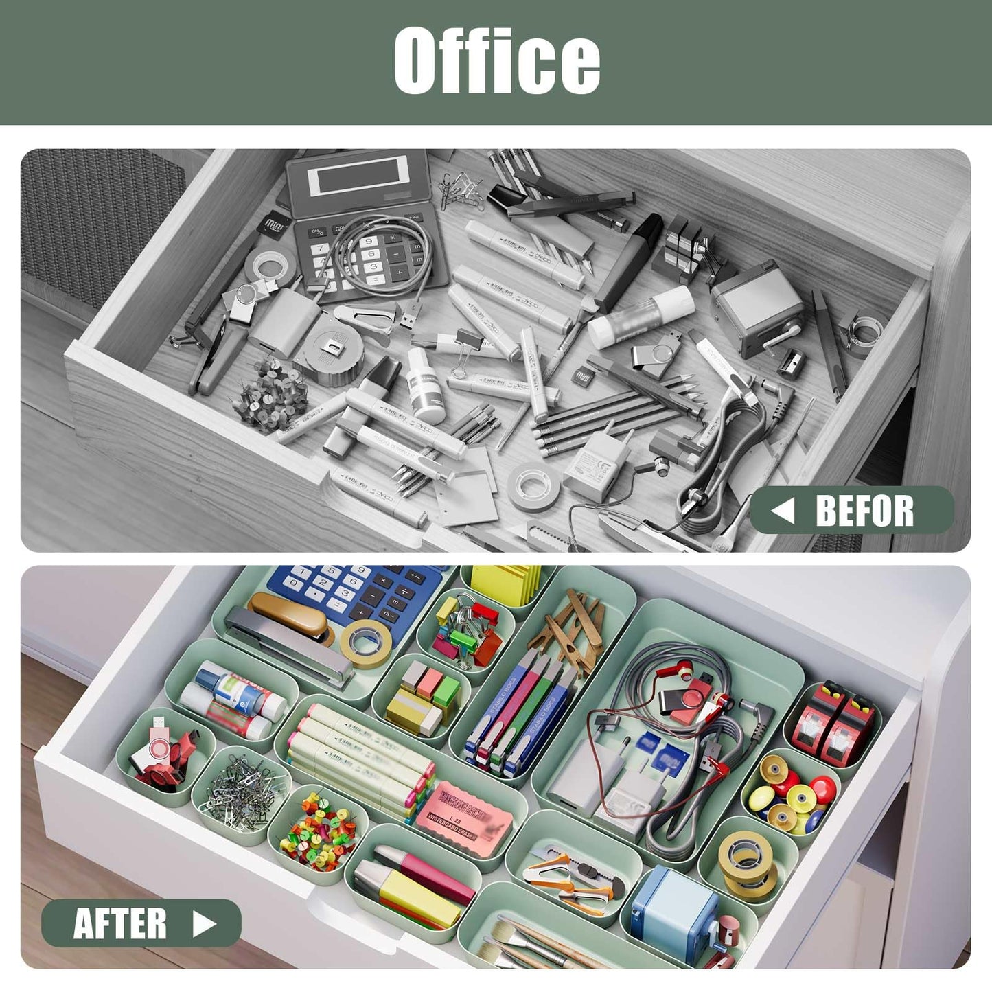 Plastic Drawer Organizers, 10 PCS Drawer Organizer Bins, Bathroom and Vanity Organizer Plastic Tray, Makeup organizer and storage for Makeup, Bedroom, Kitchen Gadgets Utensils and Office (Green)