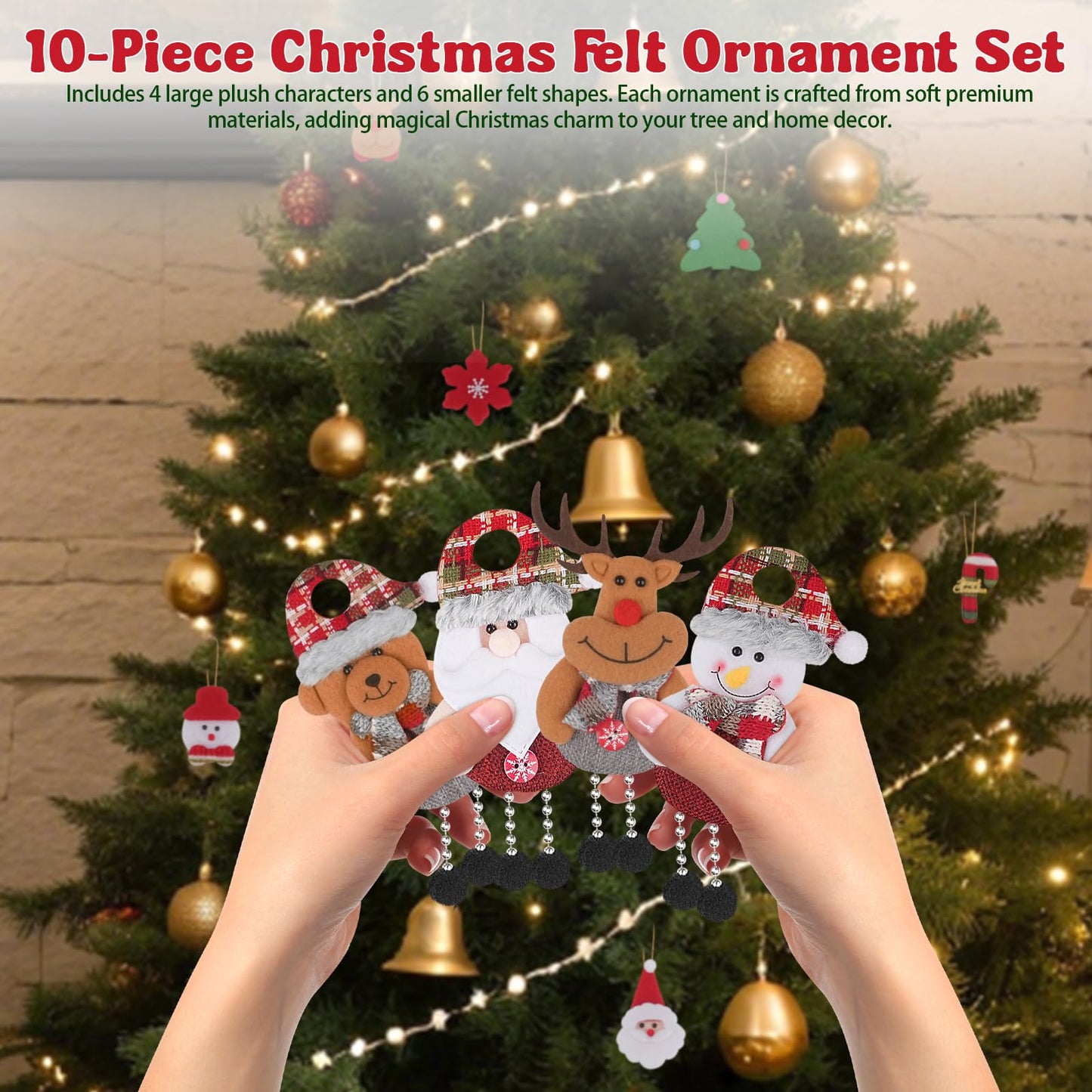 10-Piece Christmas Felt Ornament Set, Featuring Plush Santa Claus, Snowman, Reindeer, and Bear Ornaments, Suitable for Christmas Tree, Home, and Party Decoration (10 Different Designs)