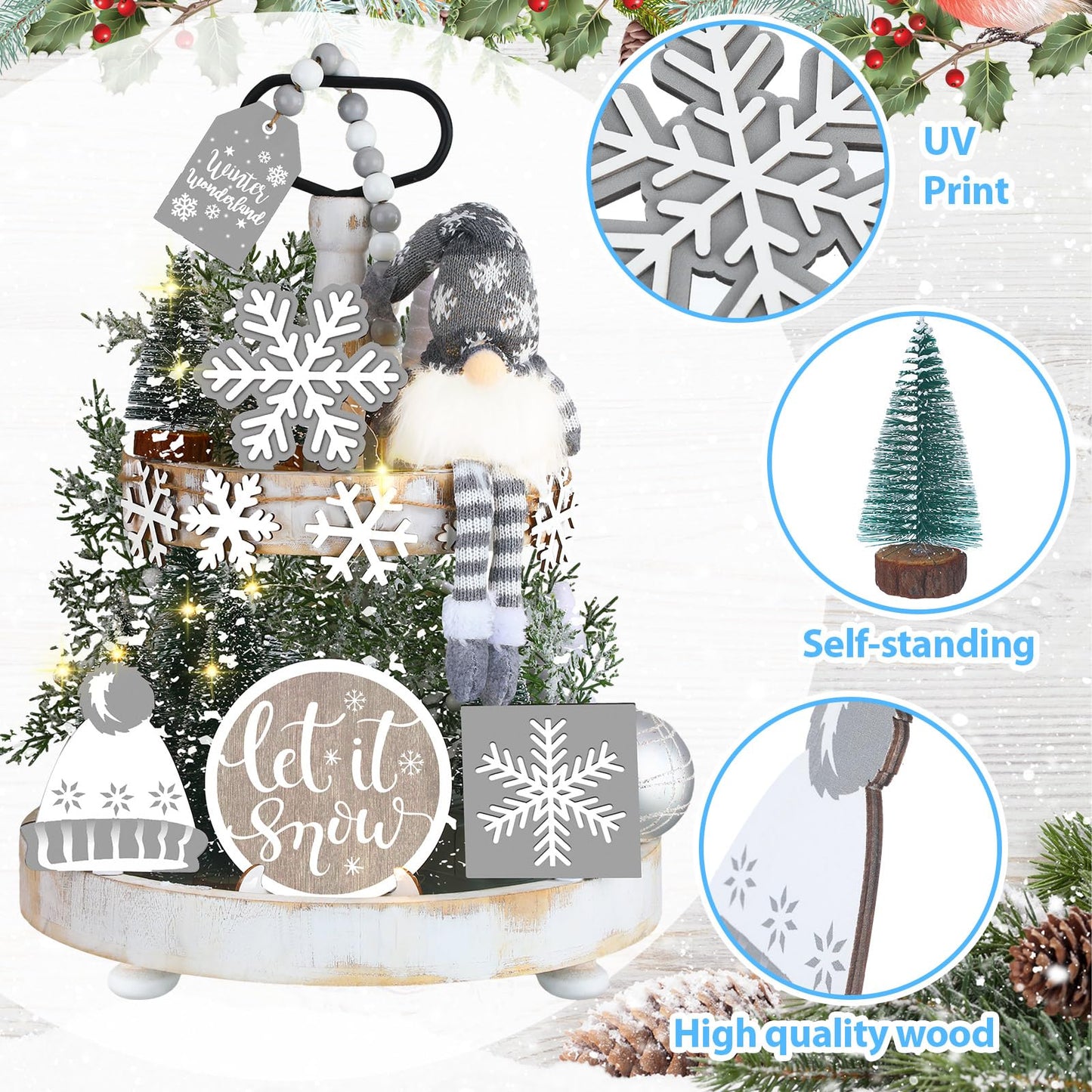 Soaoo 16 Pcs Winter Tiered Tray Decor Snowflake Rustic Gnome Plush Winter Tray Decor Wood Table Signs for Holiday Table Centerpieces Home Decorations(Silver Gray)