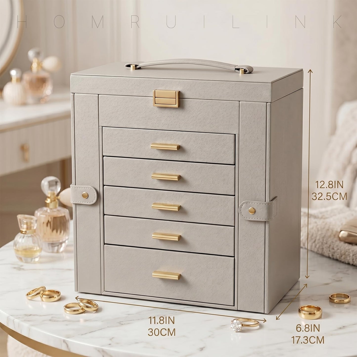 Homruilink Large Leather Jewelry Box Organizer 6 layer Jewelry Storage Case for Women Girls Ring Necklace Earring Bracelet Holder with Mirror, Ideal Gift (Grey)