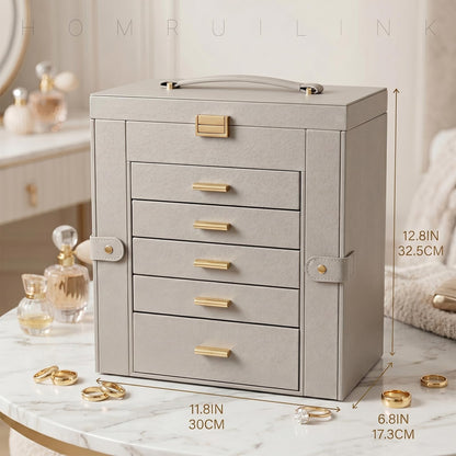 Homruilink Large Leather Jewelry Box Organizer 6 layer Jewelry Storage Case for Women Girls Ring Necklace Earring Bracelet Holder with Mirror, Ideal Gift (Grey)