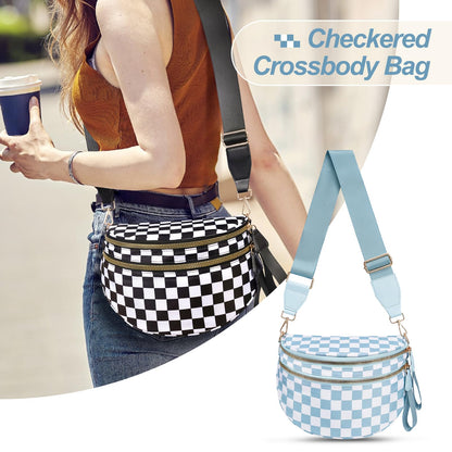 Checkered Crossbody Bag,Nylon Bum Bags for Women Crossbody,Spacious Sling Bag Purse Fanny Packs with Shoulder Strap