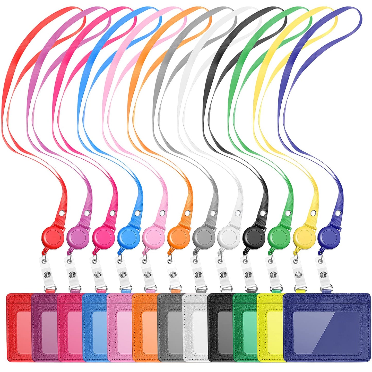 12 Sets PU Leather ID Badge Holder Retractable Name Badge Reel with Lanyards Waterproof Clear Card Holder with 1 Transparent ID Window 1 Credit Card Slot for Women Men Nurse School Office (Horizontal)