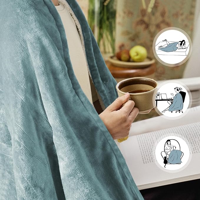 Heated Blanket Throw 50"x60", ETL & FCC Certified Electric Blanket with 3-Hour Timer Auto-Off & 5 Heating Levels, Overheat Protection, Machine Washable - Cyan Blue
