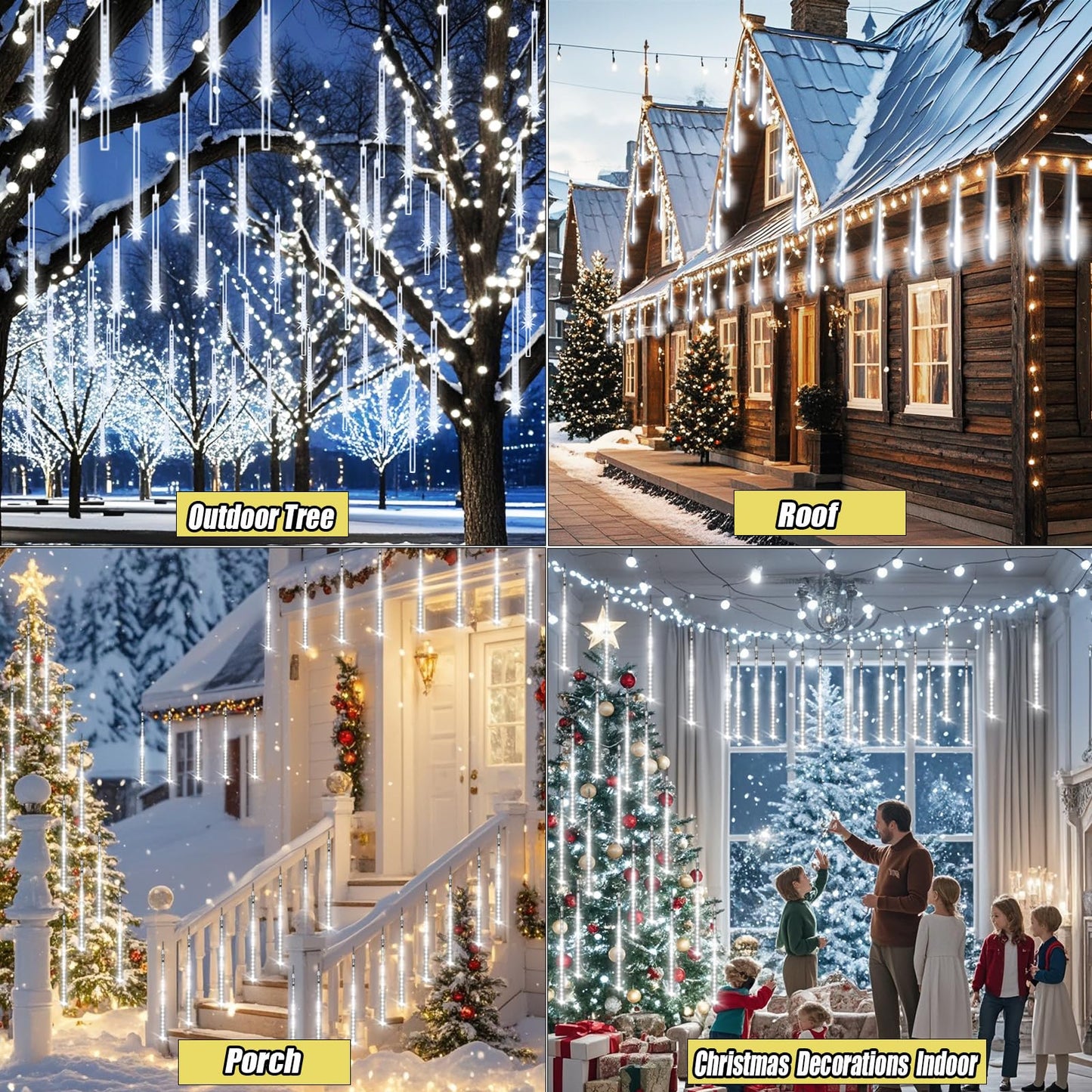 Adecorty Christmas Lights Outdoor, Meteor Shower Light 8 Tubes 192LED UL Certified Snow Falling Rain Cascading Icicle Lights for Xmas Tree Christmas Decorations Outdoor Wedding Party Window, White