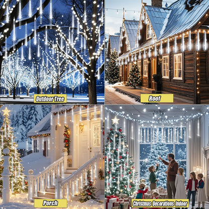 Adecorty Christmas Lights Outdoor, Meteor Shower Light 8 Tubes 192LED UL Certified Snow Falling Rain Cascading Icicle Lights for Xmas Tree Christmas Decorations Outdoor Wedding Party Window, White