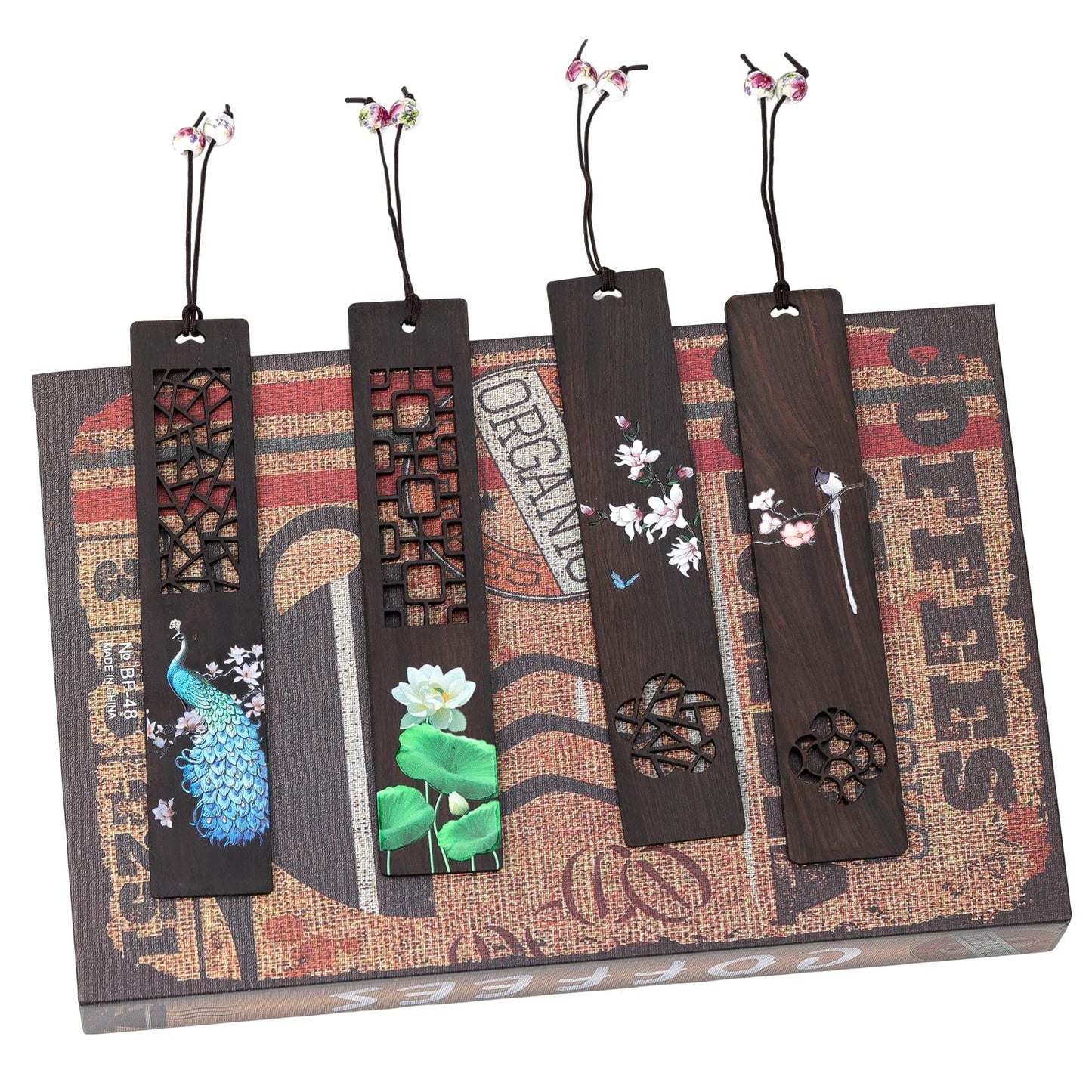 ZIZZON Wooden Bookmark for Men Women, Handmade Natural Wood Carving, Hollow Out and Painted Craft, Ideal Gifts for Men Women Friends Girls Teachers, Birthday Present (Peacock and Lotus)