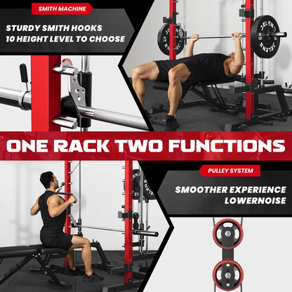 JELENS SR01 Smith Machine, 2000LBS Multi-Function Power Cage with LAT Pulldown System, All-in-One Home Gym Squat Rack with Smith Bar and Training Attachments (Red, SR01 Smith Machine)