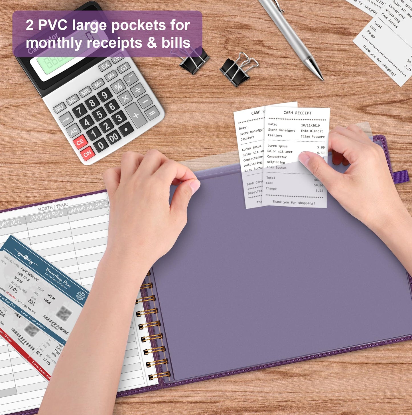 HAUTOCO Hardcover Bill Tracker Notebook Horizontal Monthly Bill Payment Organizer for Personal Budgeting Home Finance with 2 Storage Pocket Expense Checklist Tracking Planner 10.78 x 8'', Deep Purple