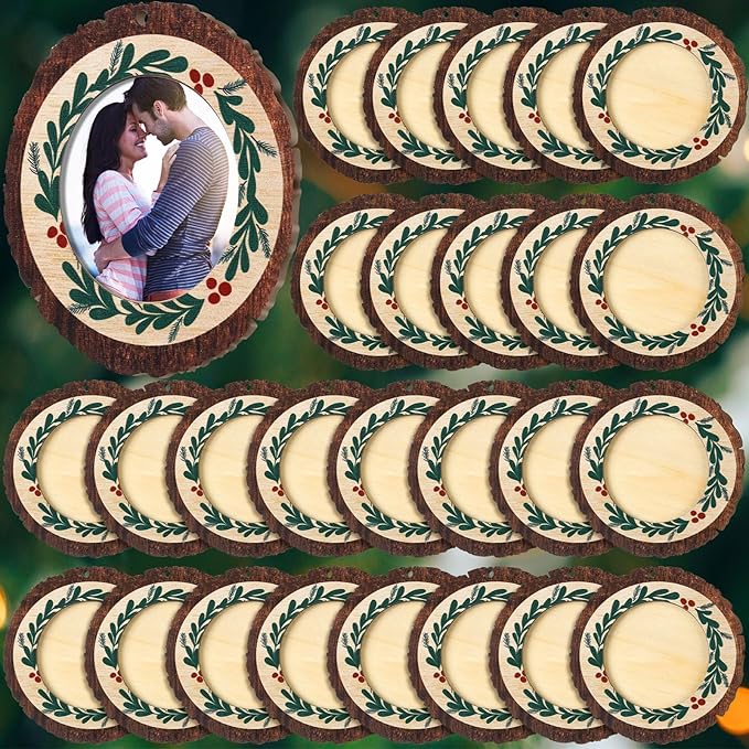 Blulu 24 Pcs Christmas Pictures Frame Ornaments Bulk Rustic Wooden Photo Ornaments Hanging Picture Frames Christmas Memories Gifts Keepsake for Tree