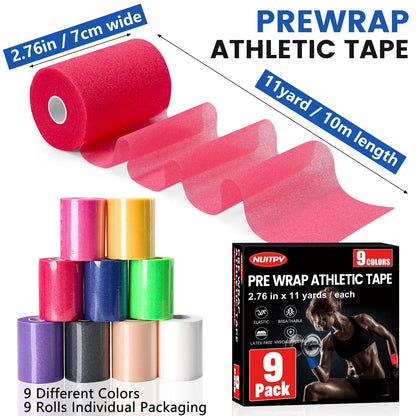 9 Pack Pre Wrap Tape, 9 Colors 2.76 Inch x 11 Yards Prewrap Athletic Tape for Hair Soccer, Pre Wrap Foam Tape, Soccer Pre Wrap Tape, Prewrap Headbands for Hair