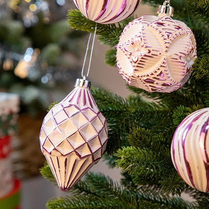 16PCS Shatterproof Christmas Ball Ornaments Set, Hand-Painted Holiday Decor with Assorted Sizes & Designs for Christmas Tree Thanksgiving Party Decoration, Pink-White