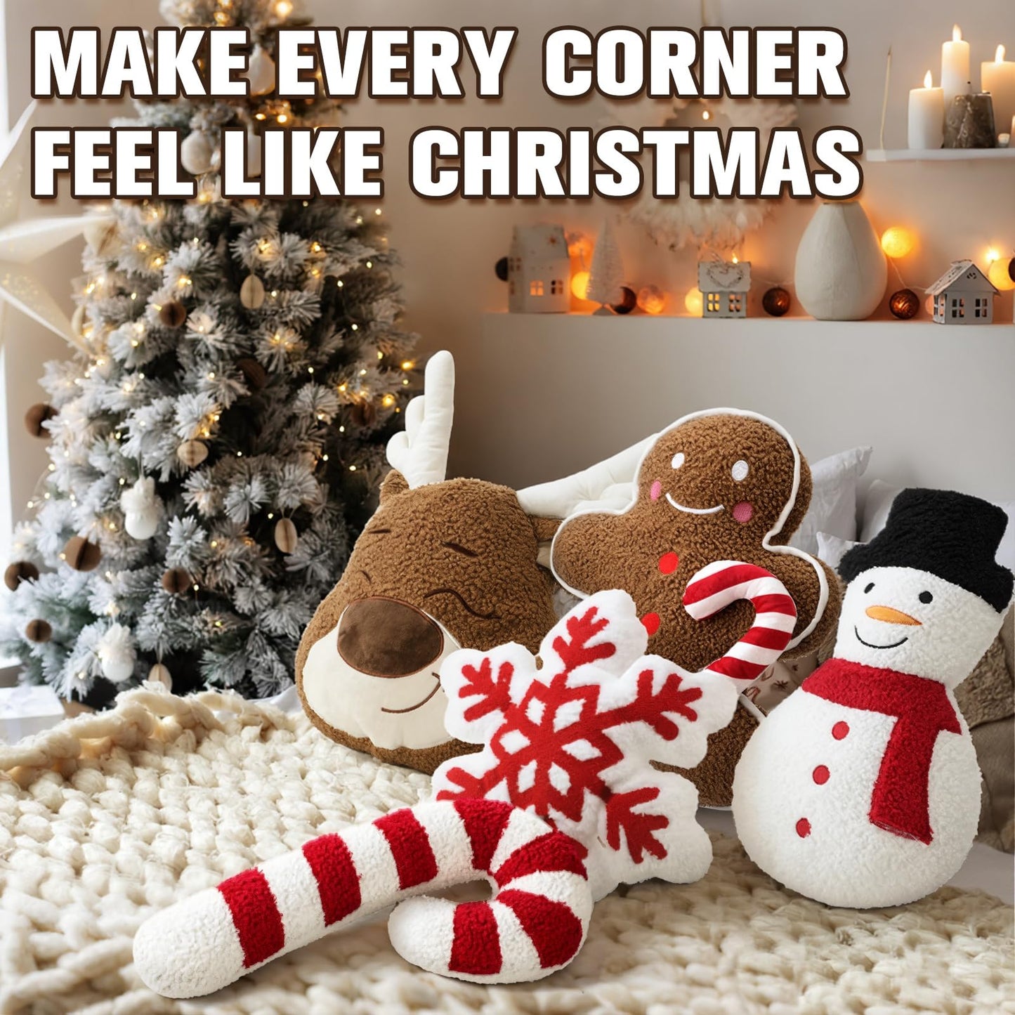 Seeloowy 5 Pcs Christmas Throw Pillows Xmas Tree Gingerbread Man Snowflake Pillows Red White Stripe Candy Cane Peppermint Shape Cushion Stuffed Christmas Decoration for Home Sofa Bed Couch Party