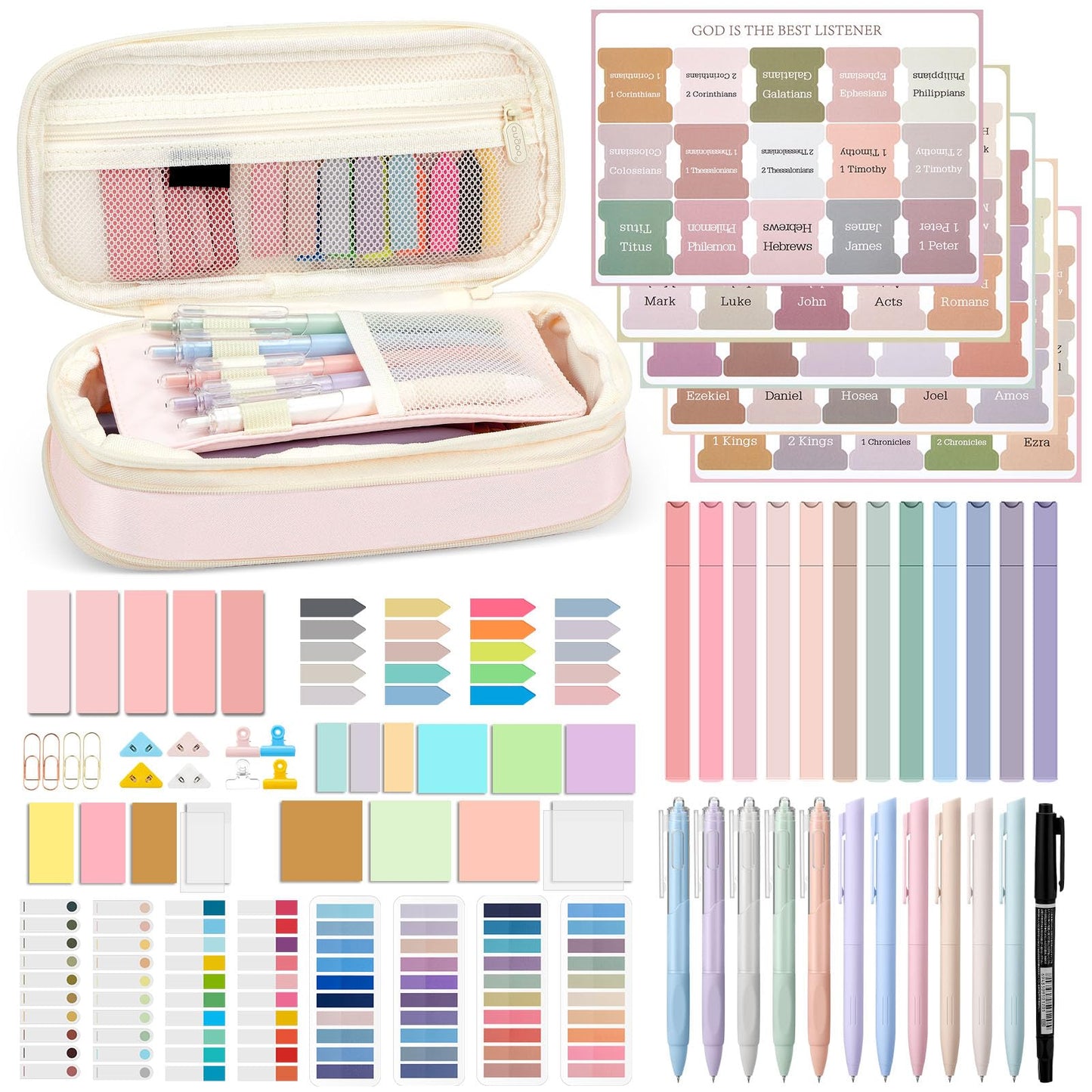 Chiisong 73 Pcs Aesthetic Bible Journaling Study Supplies Book Annotation Kit Pencil Case 12 Highlighters 14 Sticky Notes 5 Gel Pens 6 Press Pens 12 Labels for Christmas Bible School Gift(Pink)