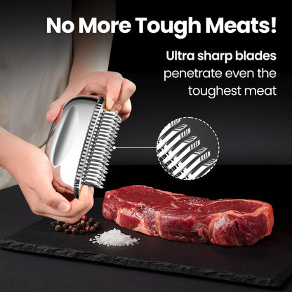Meat Tenderizer Tool – Hassle Free Extra Long Handle, Rustproof One-Piece Meat Tenderizer Mallet & Hammer, Stainless Steel Blade Needle, Steak Cooking Accessories, No Assembly Needed, 5-Year Warranty