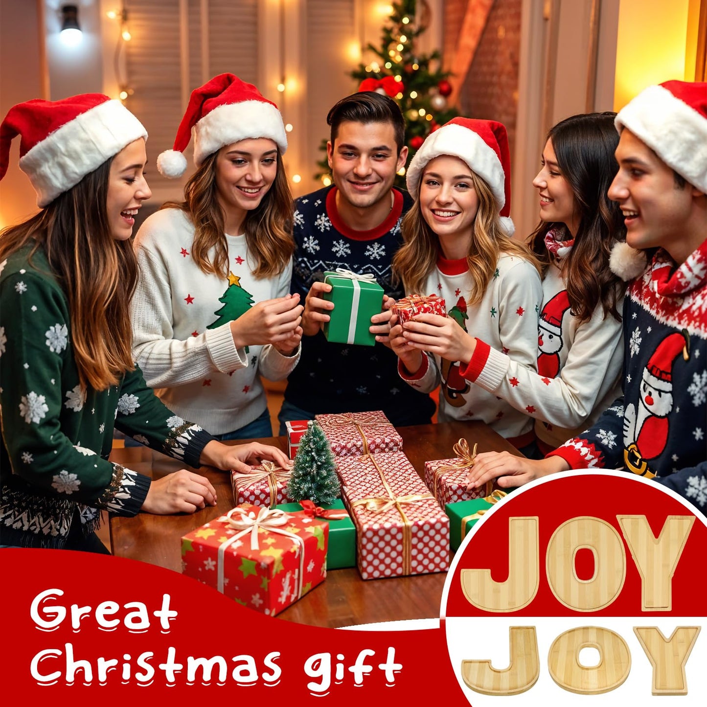 OurWarm 3Pcs Christmas Charcuterie Board, JOY Bamboo Appetizer Serving Platter, Large Candy Dish Snack Platters, Gift Ideas for Housewarming Party