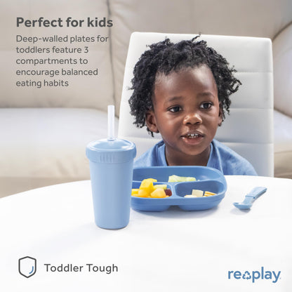 Re-Play Toddler Plates with Dividers - Deep-Walled 3 Compartments Divided Plates for Kids - Dishwasher & Microwave Safe - Made in USA - Set of 3-7.37" x 7.37" x 1.25" - Beach Baby