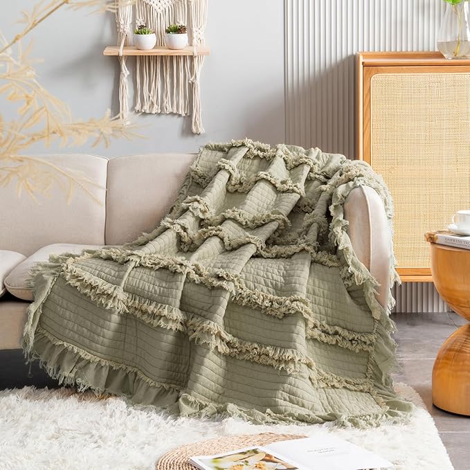 Ultra Soft Pre-Washed Quilted Boho Olive Green King Size Blankets for Bed, Sage Green Ruffle Fringed Decorative Throw, Stone Washed Chic Rustic Blanket for Sofa Couch Bed, 104"*90"