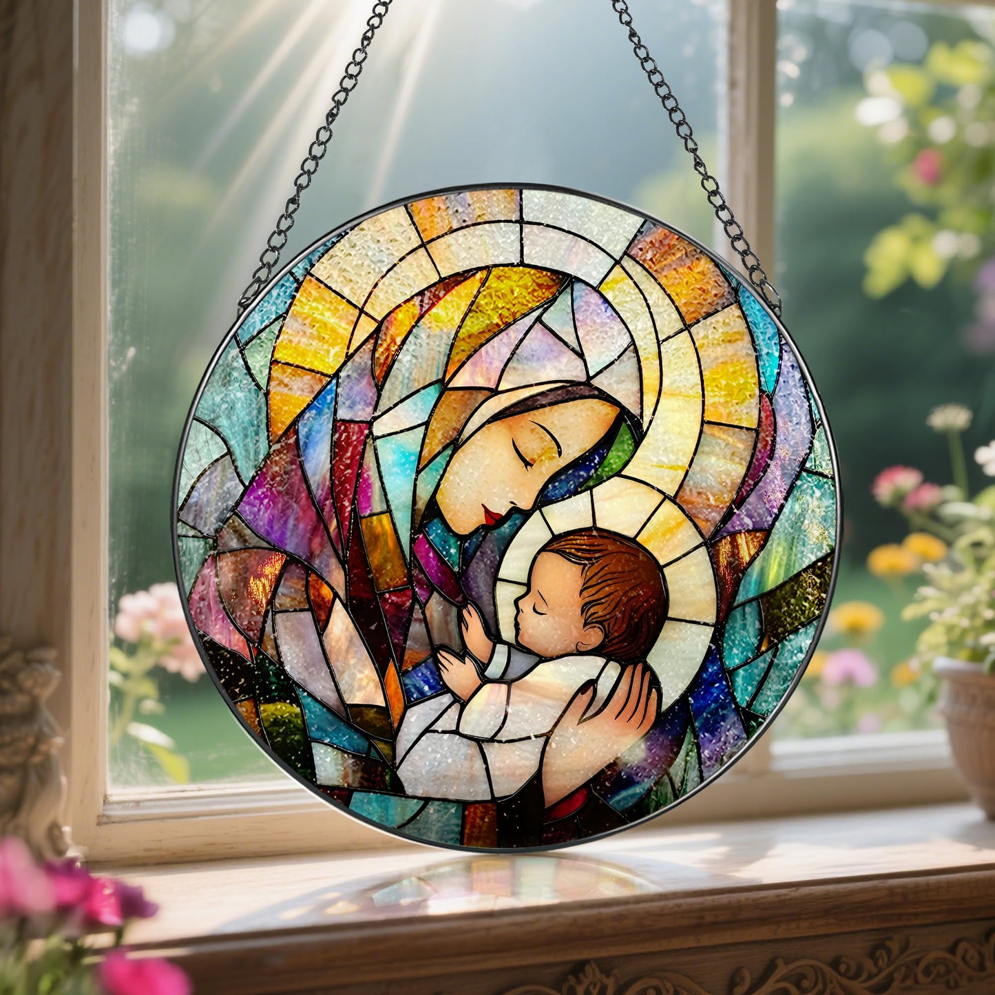 Baby Jesus and The Holy Mother Mary Sun Catcher, 8 Inch Stained Glass Window Hanging, Stained Glass Decor, Christian Home Decor, Christian Gifts for Women, Religious Gifts for Women