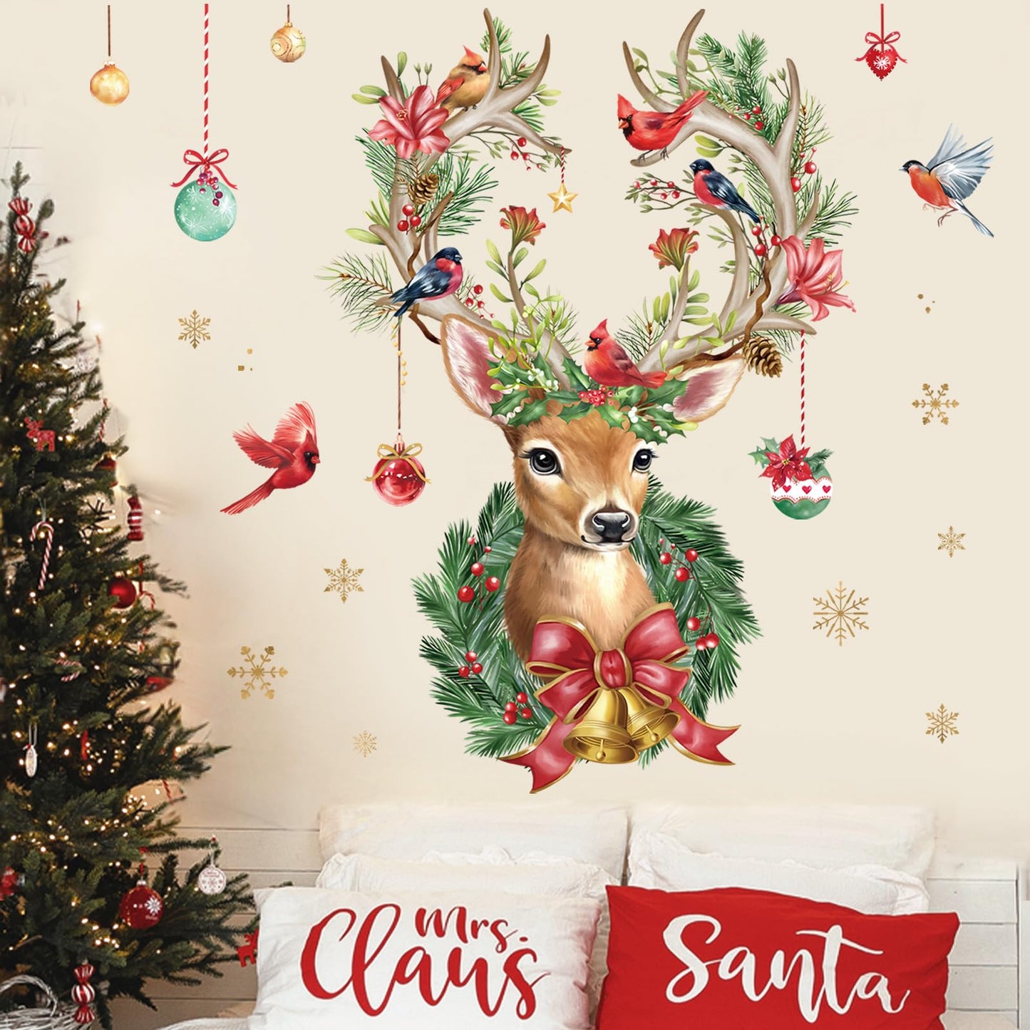 Wondever Reindeer Wall Stickers - Large Elk, Cardinal Bird, Window Art Decals for Party, Home Xmas