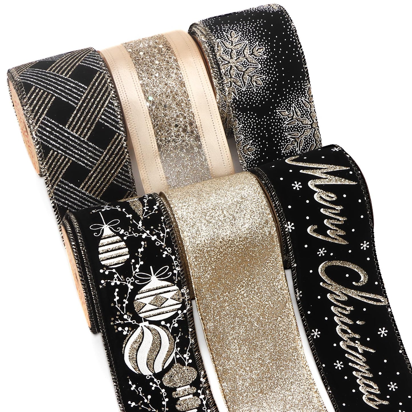 Ribbli Christmas Ribbon Wired Black Champagne Christmas Tree Ribbon Snowflake Glitter Wired Ribbons for Tree Topper Bow Crafts Gift Wrapping Wreaths Garland Home Decor -2.5 Inchx6 Rolls Total 36Yard