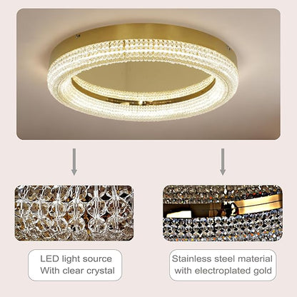 23.6" Gold LED 3 Color Remote Dimmable Modern Crystal Chandelier Round LED Crystal Ceiling Light Fixture Flush Mount Chandelier Ceiling Light with Crystals for Hallway Bedroom Kitchen Foyer (Gold)