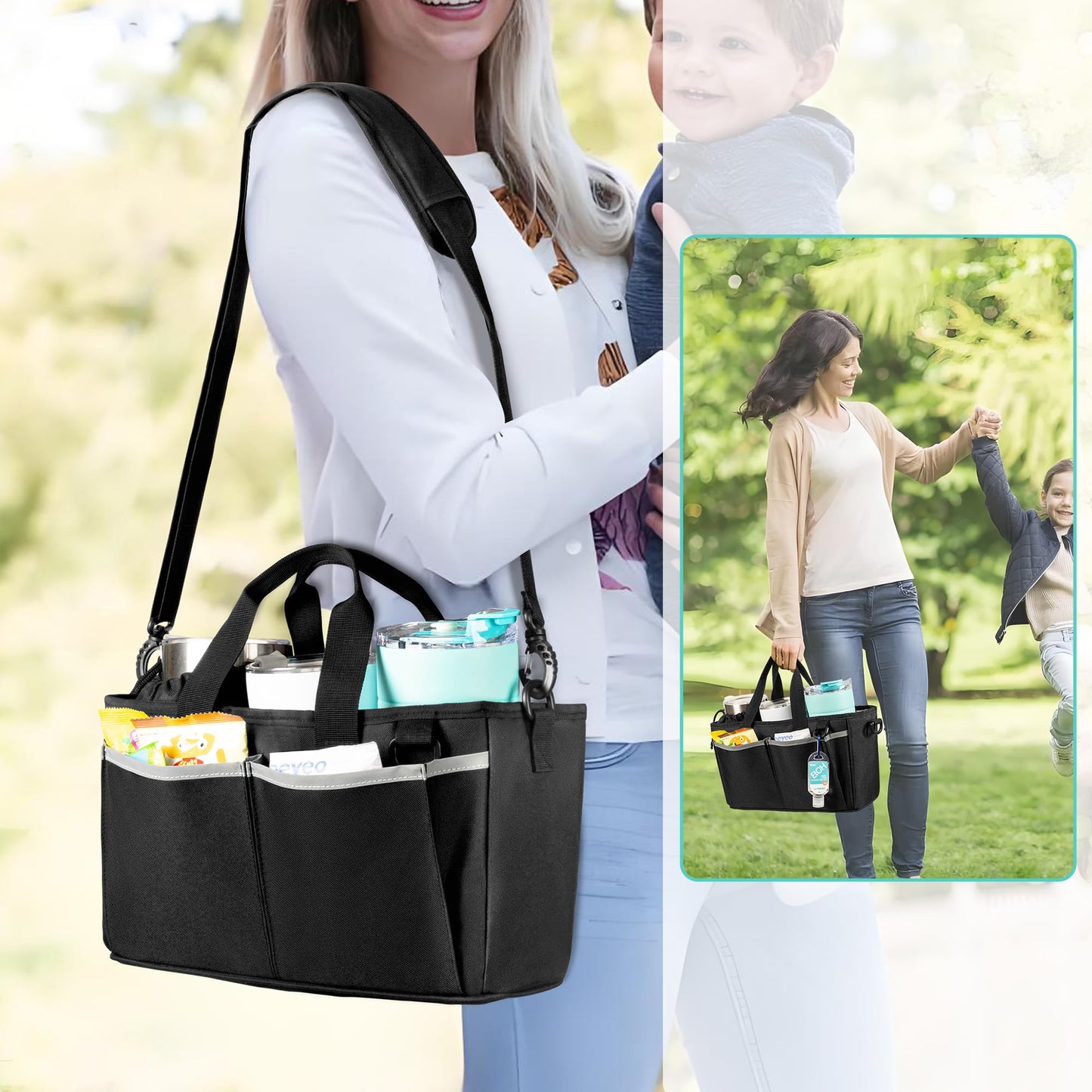 Trunab Water Bottle Carrier with Drawstring Buckle, 32/40 oz Cup Holder Bag with Detachable Divider, 3 Cup Carrier with Adjustable Shoulder Strap