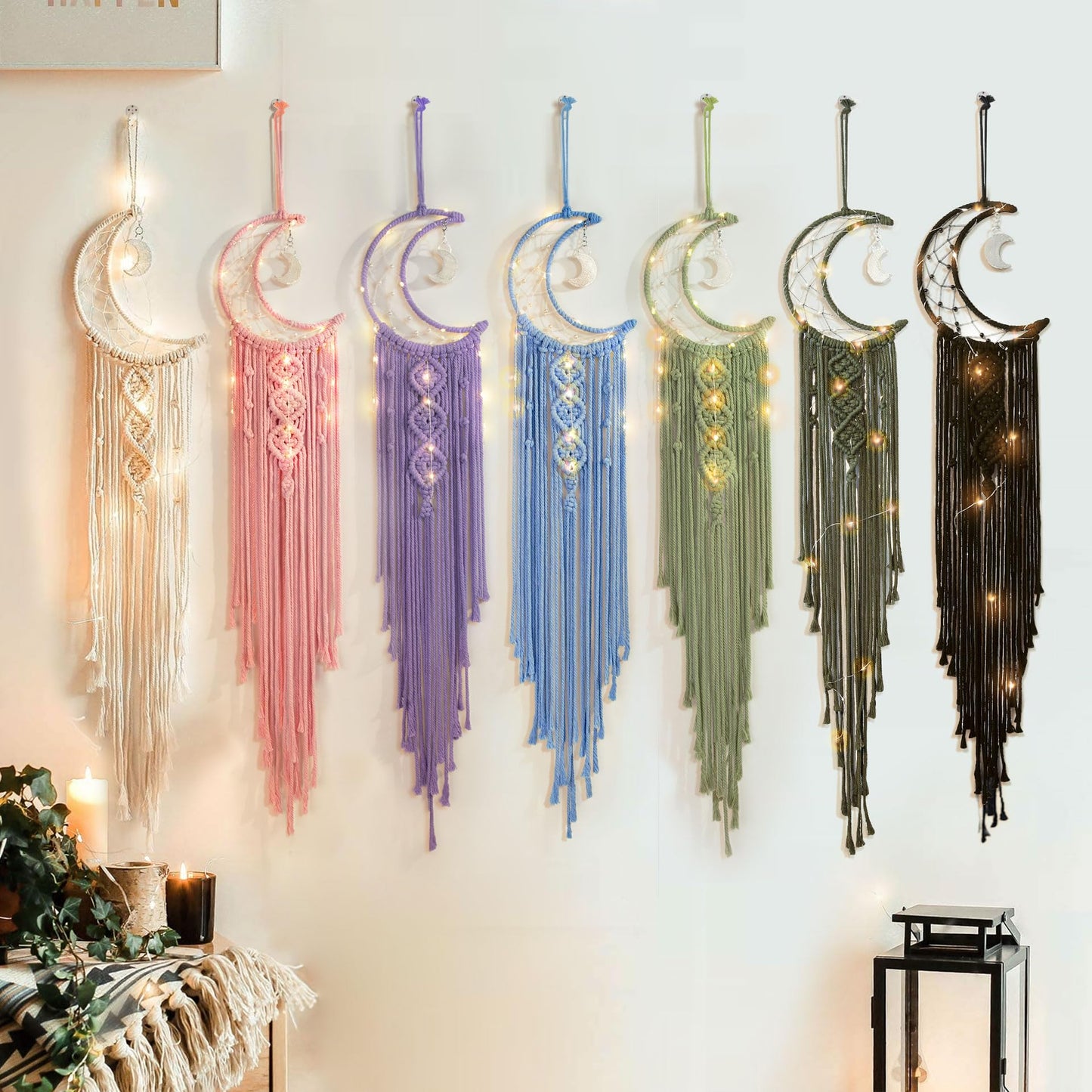 Boho Macrame Woven Wall Hanging, Crochet Crescent Moon Star Dream Catcher with Long Tassel- White Cotton Handmade Bohemian Home Decor Decoration Art Craft for Kids Bedroom Dorm Room