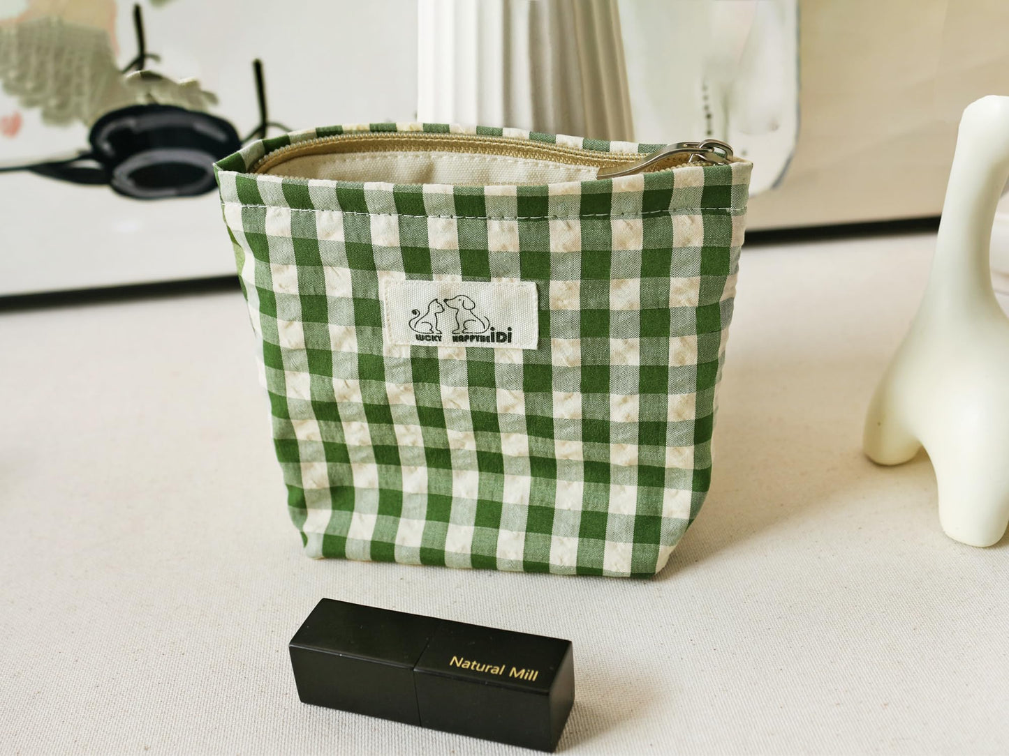 HAPPYHEIDI Nylon Checker Makeup Bag Set 3 with Compartment Cosmetic Toiletry Travel Pouch,Purse Accessory Organizer, 3-Size, Beige Green Plaid, Canvas Lined
