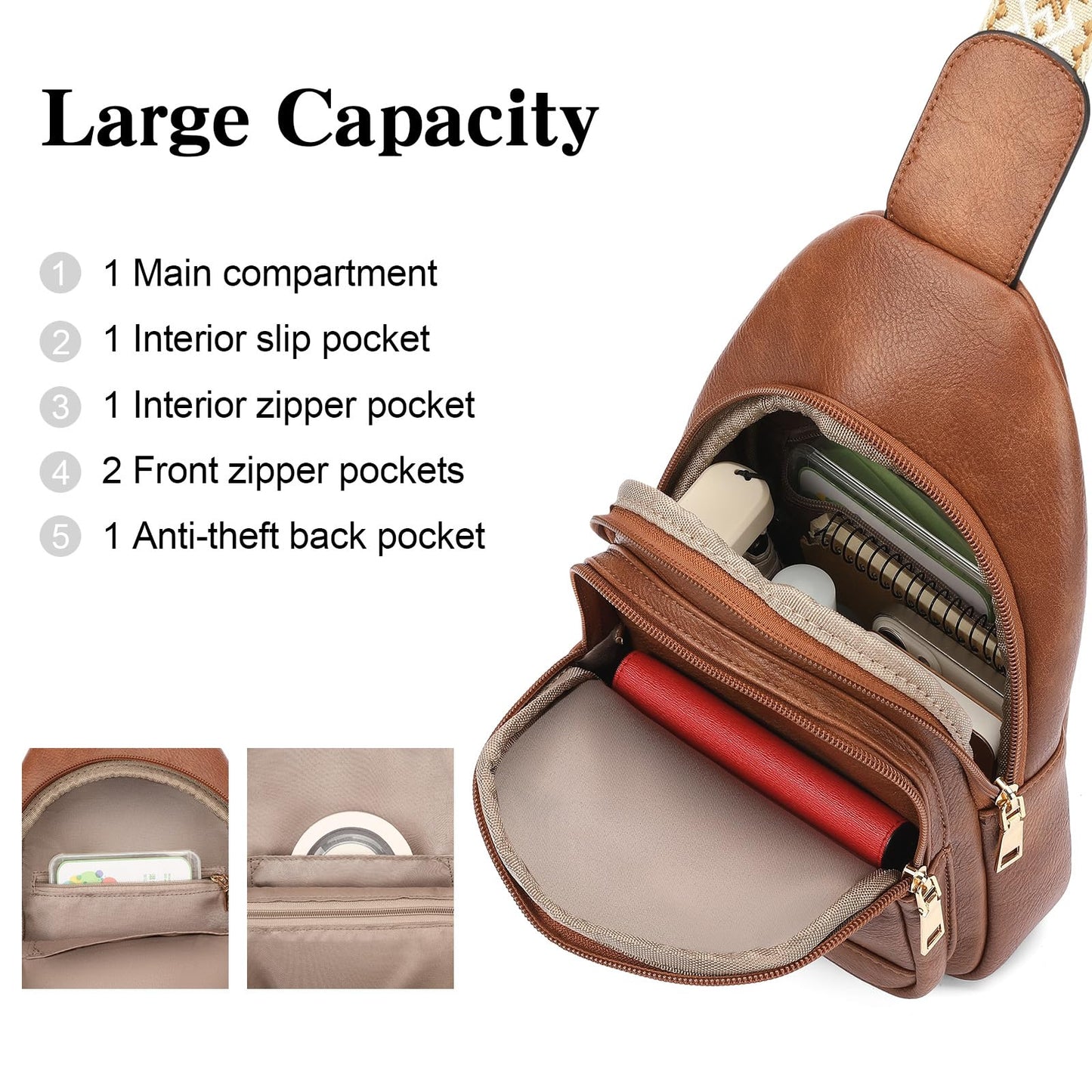 SENDEFN Small Sling Bag for Women Leather Crossbody Bags Purse for Travel Fanny Pack Chest Bag with Adjustable Guitar Strap