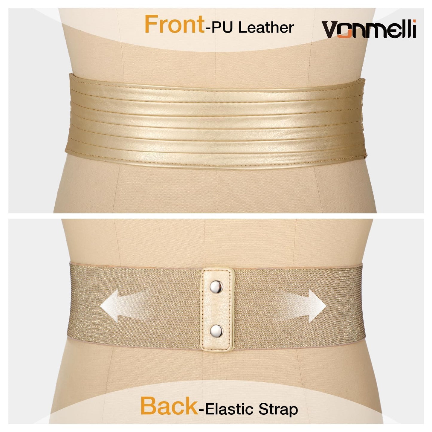 VONMELLI Women's Elastic Leather Wide Belts for Dresss Stretchy Waist Belt Fashion Ladies Corset Belts, Gold M