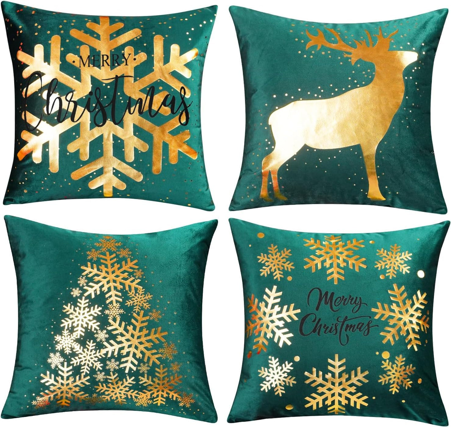 ONWAY Green Christmas Decorations Gold Throw Pillow Covers 20x20 Set of 4 Snowflakes Reindeer Decorative Cushion Cases Xmas Golden Decor for Couch Sofa Bedroom