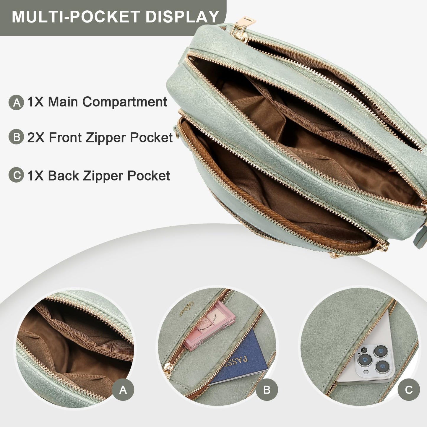 HILAEX Small Leather Crossbody Bags for Women Anti theft Purses and Handbag Shoulder Hangbag with Wide Strap Tassel Pale Green