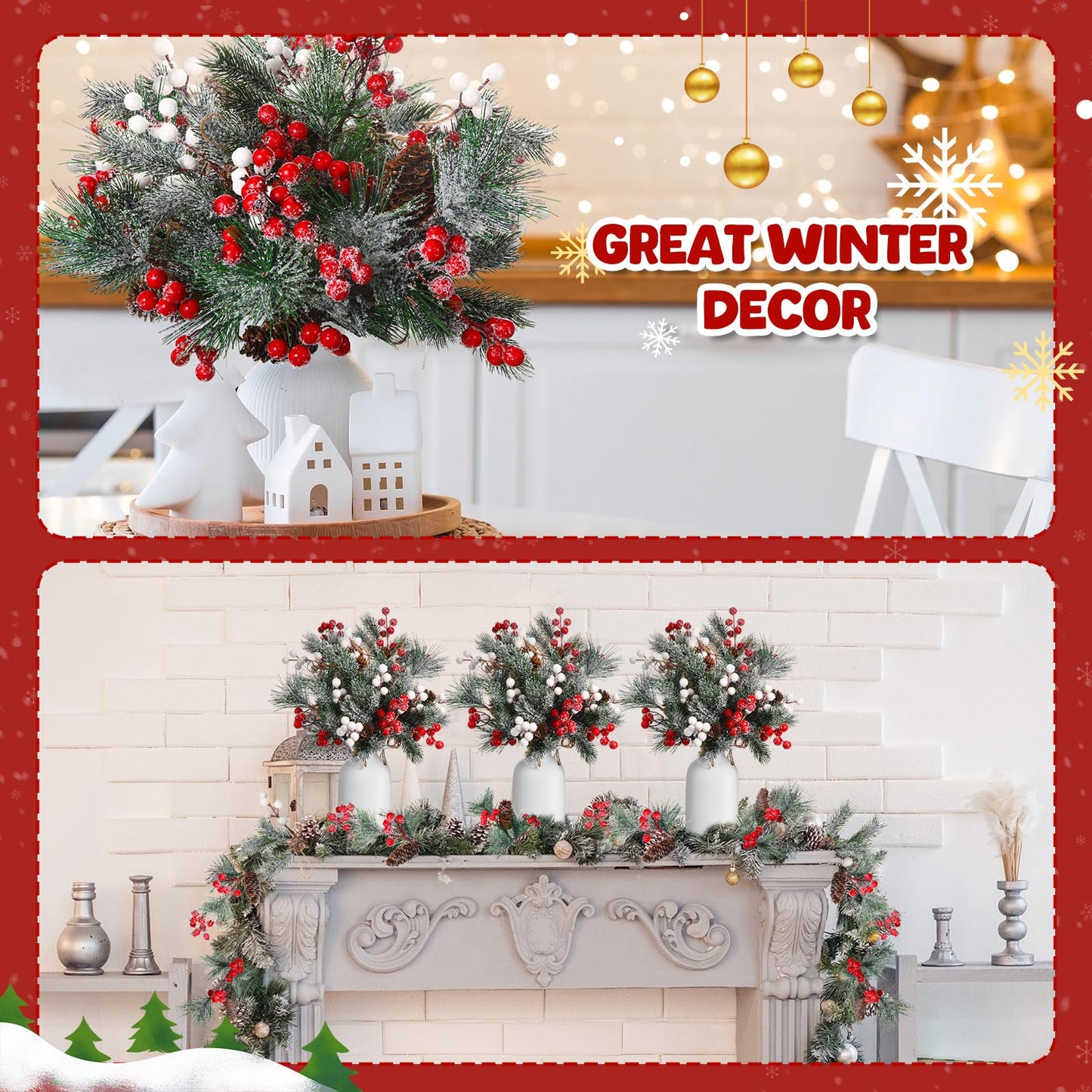Blosssound 36 PCS Christmas Artificial Pine Branches with Snow Spray Red Berry Stems Pine Needles Faux Pine Picks Snow Floral Pine Cones for DIY Crafts Christmas Tree Garland Wreath Holiday Decor